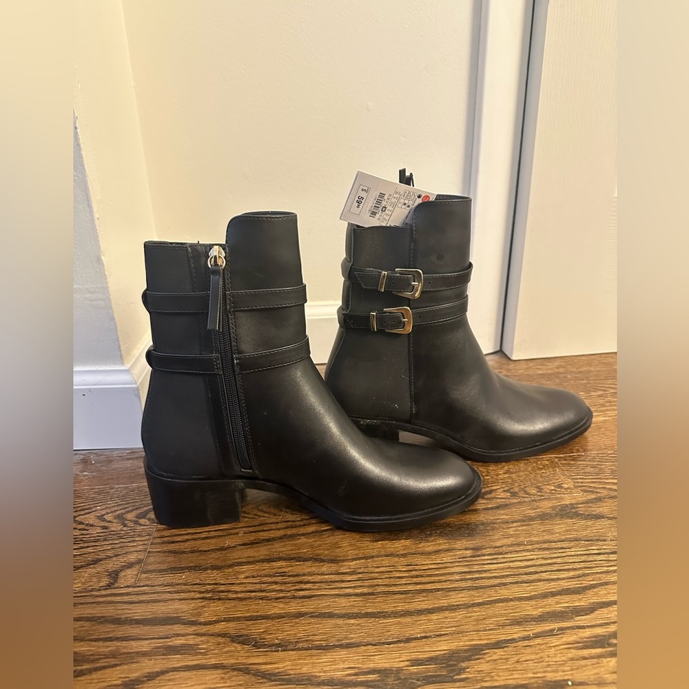 Zara Black Leather Ankle Boots with Buckle Detail
